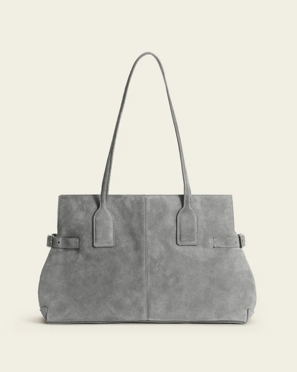 Flattered Lisa Bowler tas stone grey suède handvat