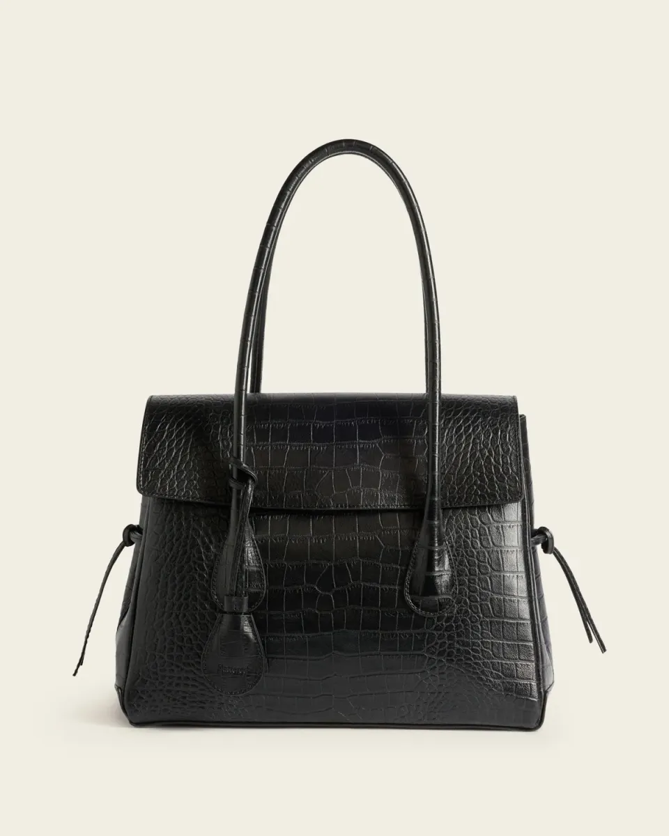 Flattered Lydia Tote Bag Croco handtas zwart krokoleer