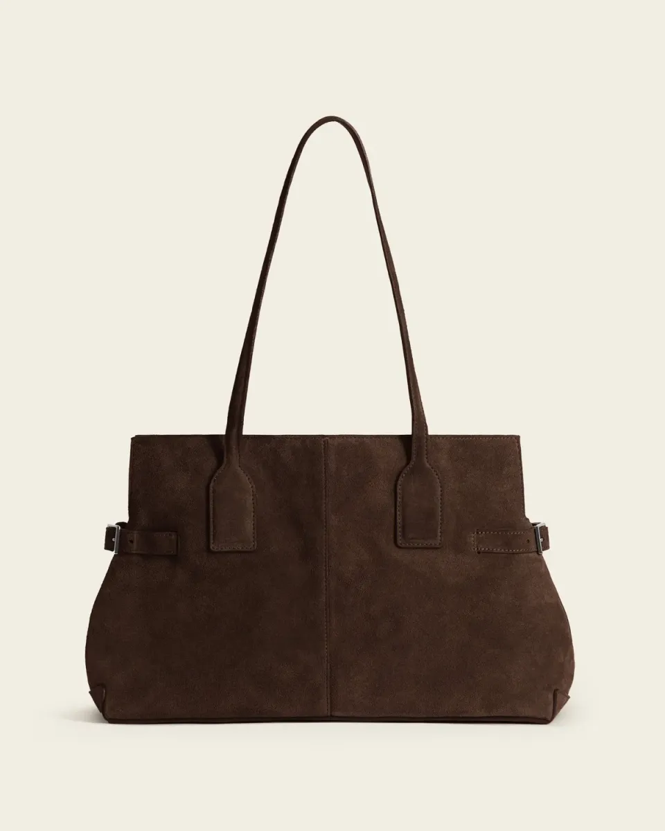 Flattered Lisa Bowler tas chocolate suède handvat
