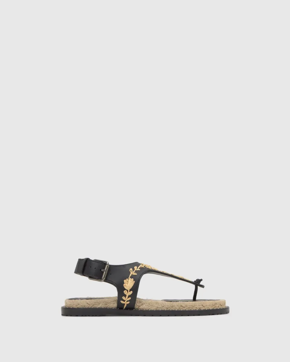 Castaner Pedra/280 sandalen zwart leer raffia plat