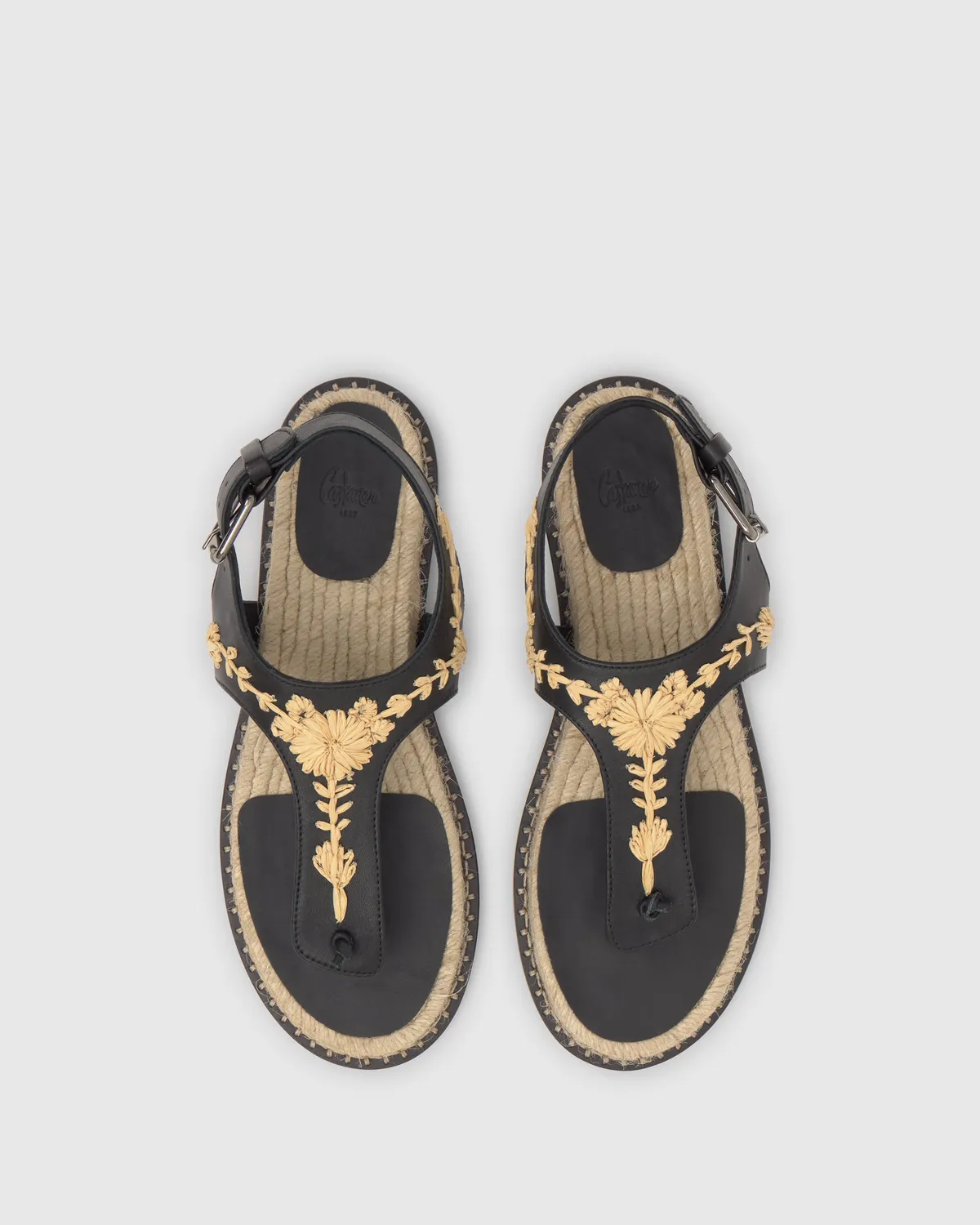 Castaner Pedra/280 sandalen zwart leer raffia plat