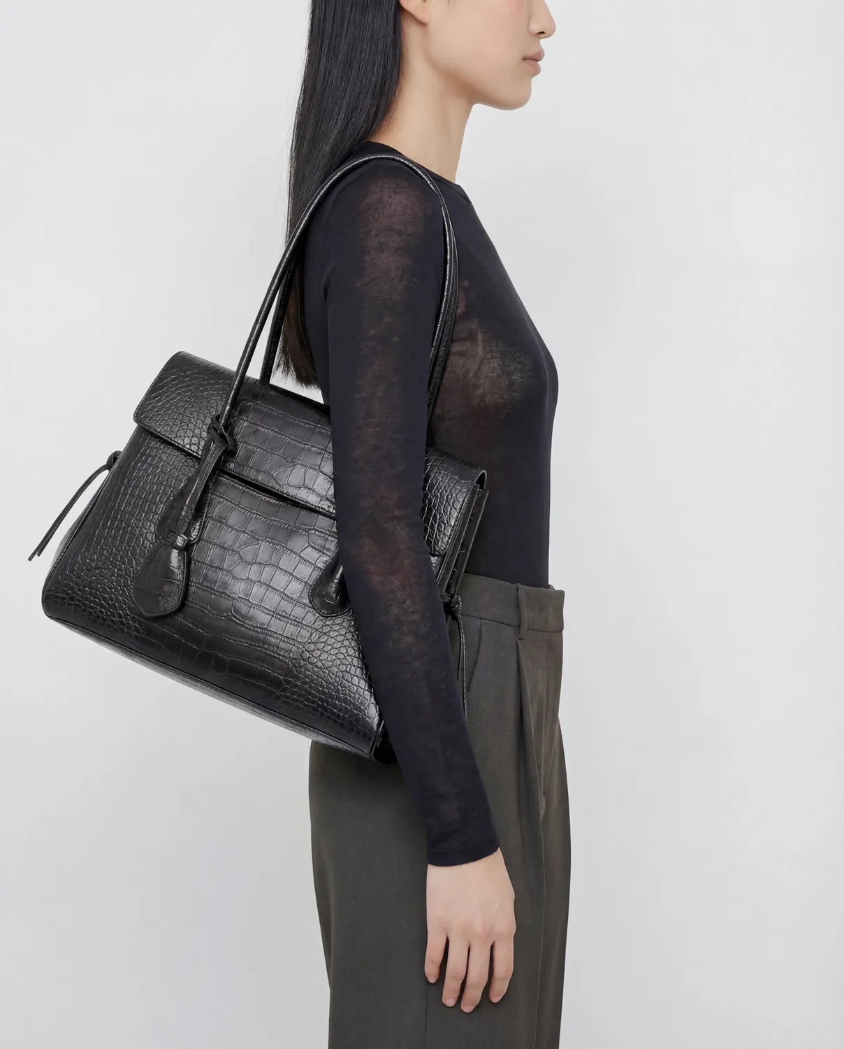 Flattered Lydia Tote Bag Croco handtas zwart krokoleer