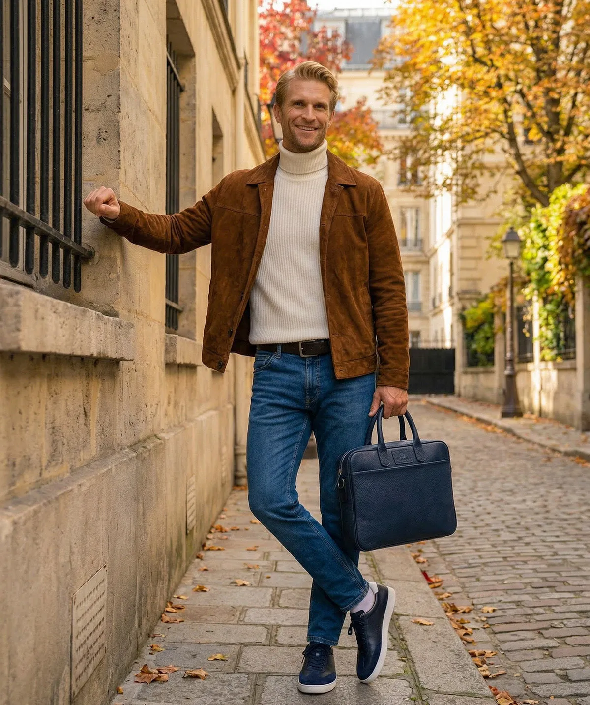 Finsbury aktetas blauw generfd leer