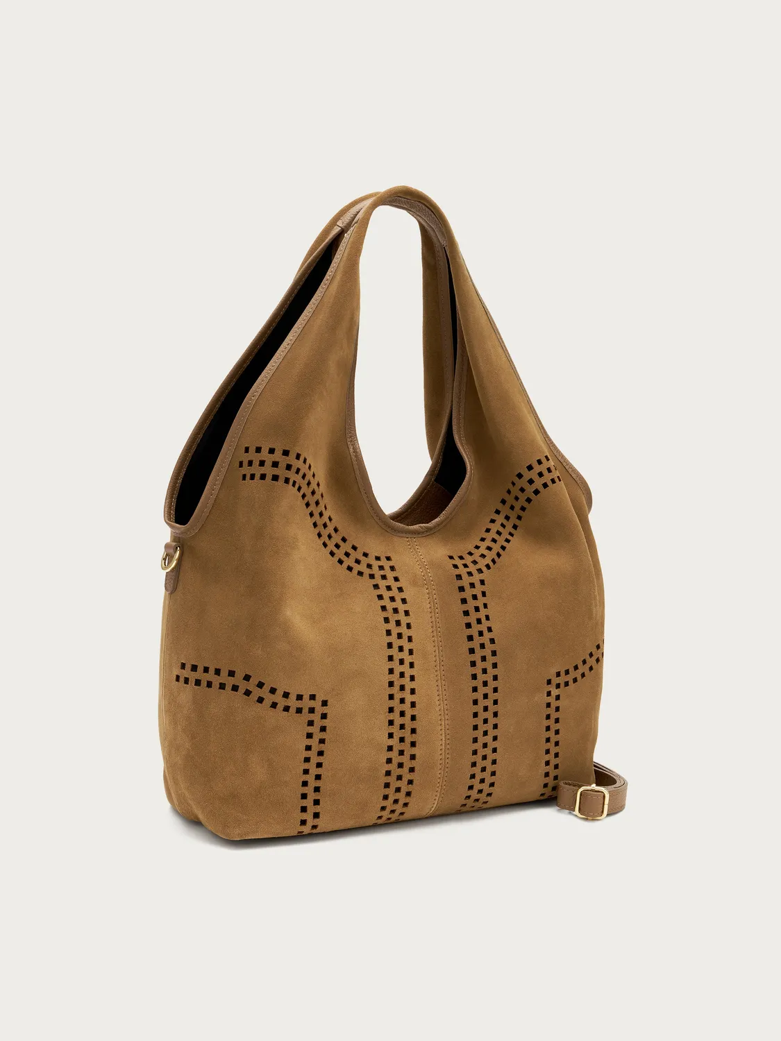 Frau beige suède maxi tas hobo laser-cut