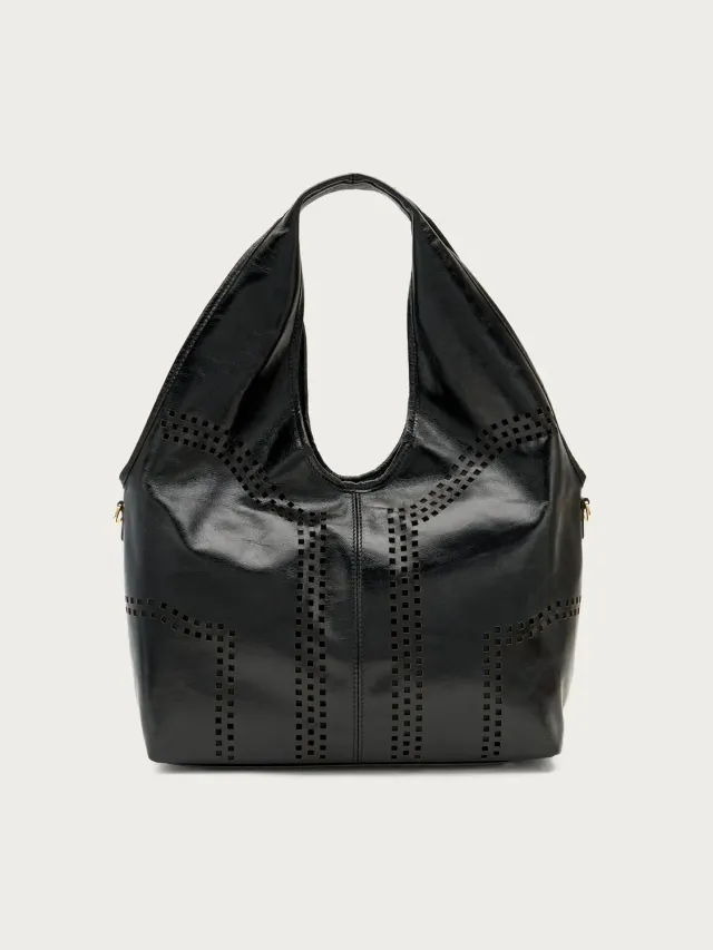 Frau maxi hobo tas leer zwart laser-cut