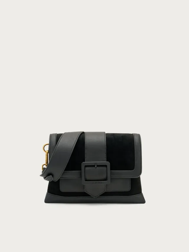 Frau schoudertas klein zwart suede bi-materiaal