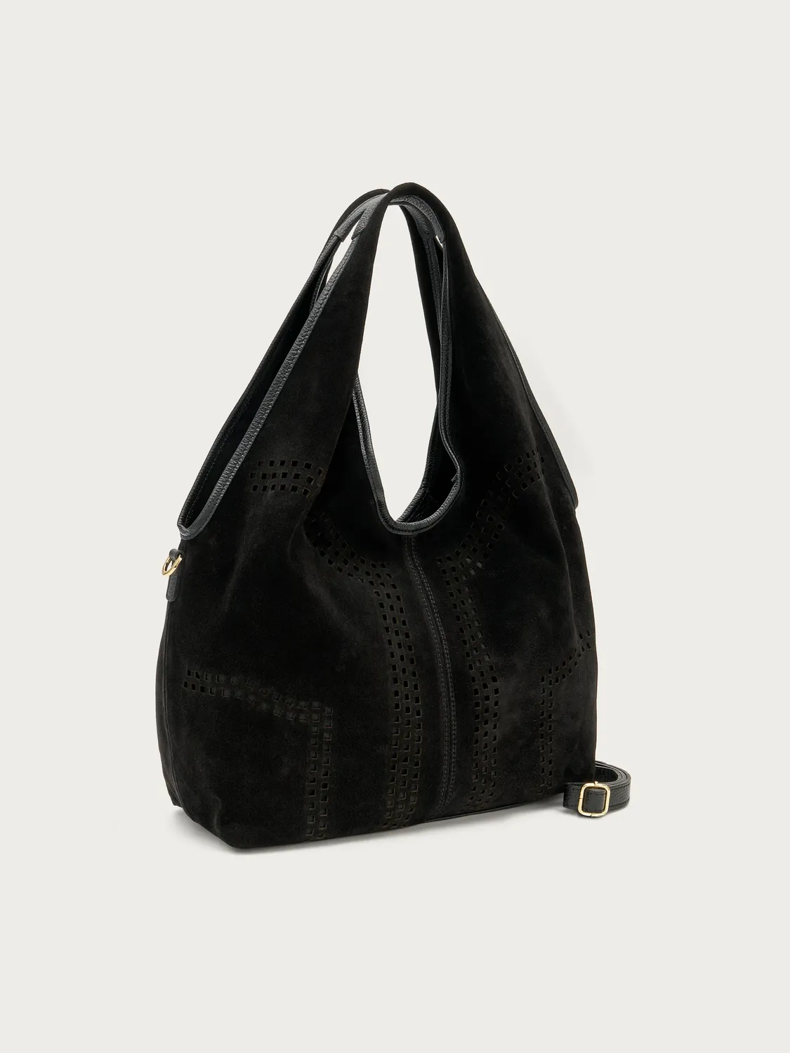 Frau zwarte suède maxi hobo tas laser-cut