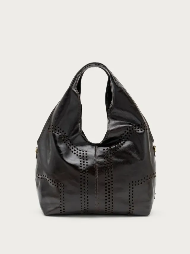Frau maxi hobo tas bruin laser-cut leer