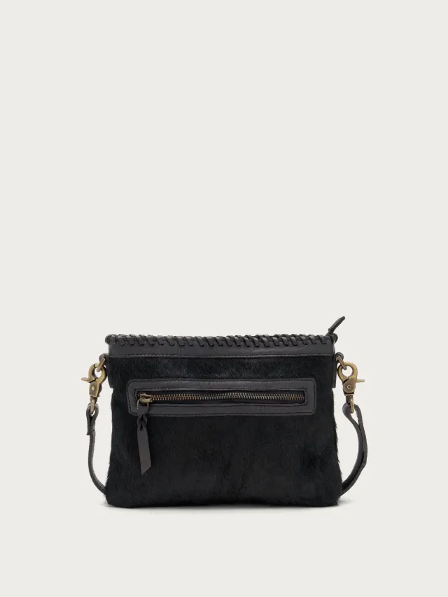 Frau crossbody tas zwart ponyleer boho clutch