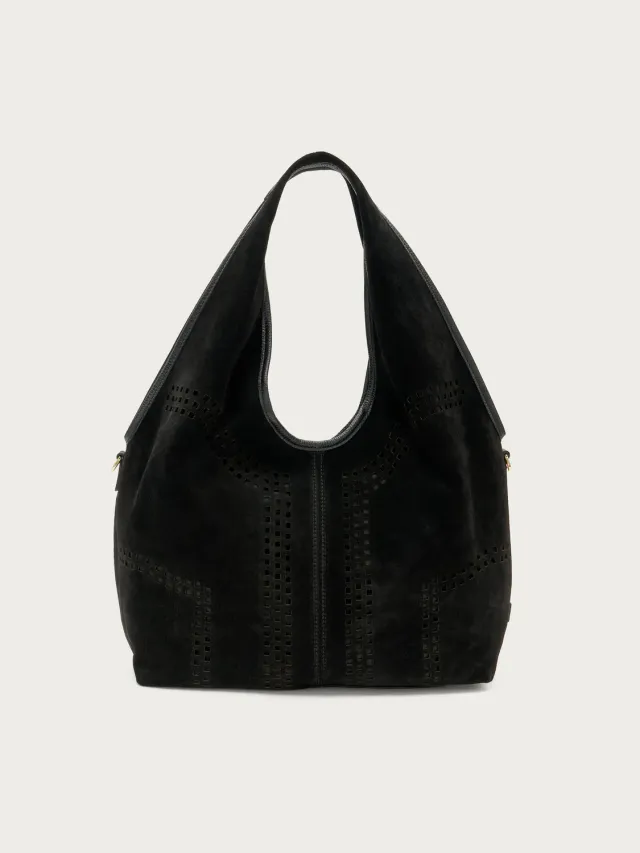 Frau zwarte suède maxi hobo tas laser-cut
