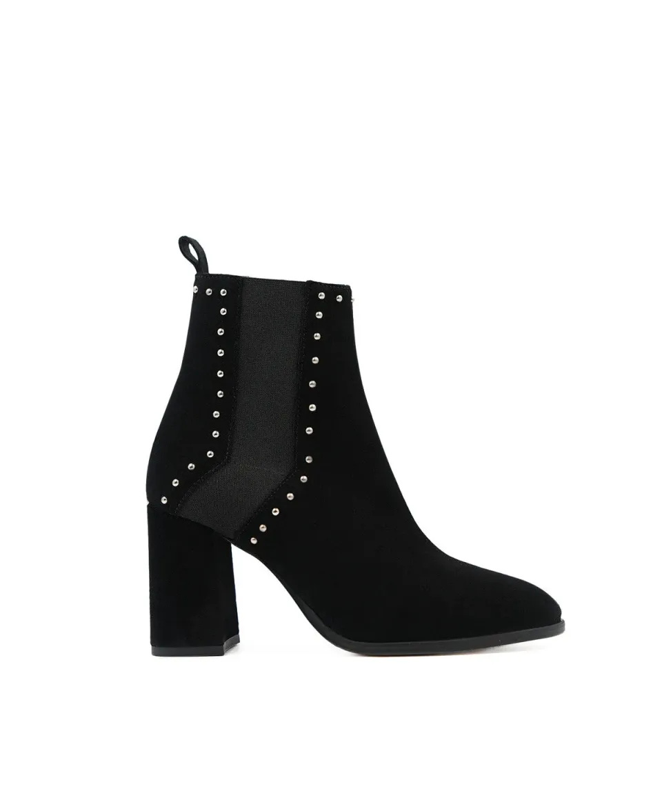 Finsbury Ines enkellaarzen zwart suede blokhak 7 cm
